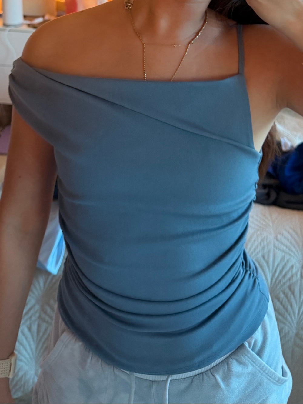 Dusty Blue One-Shoulder Ruched Tank Top